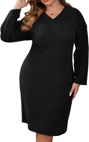 ShopWonder Womens Plus Size Sweater Dress Long Sleeve Ribbed Knit Dress Winter Loose Casual Pullover Sweater Midi Dresses