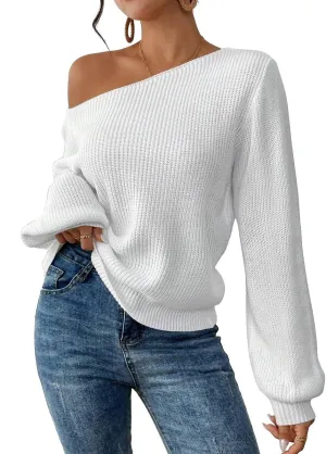 SKAYS Womens Off The Shoulder Sweater Asymmetrical Neck Fall Ribbed Knit Long Sleeve Pullover Sweaters for Women
