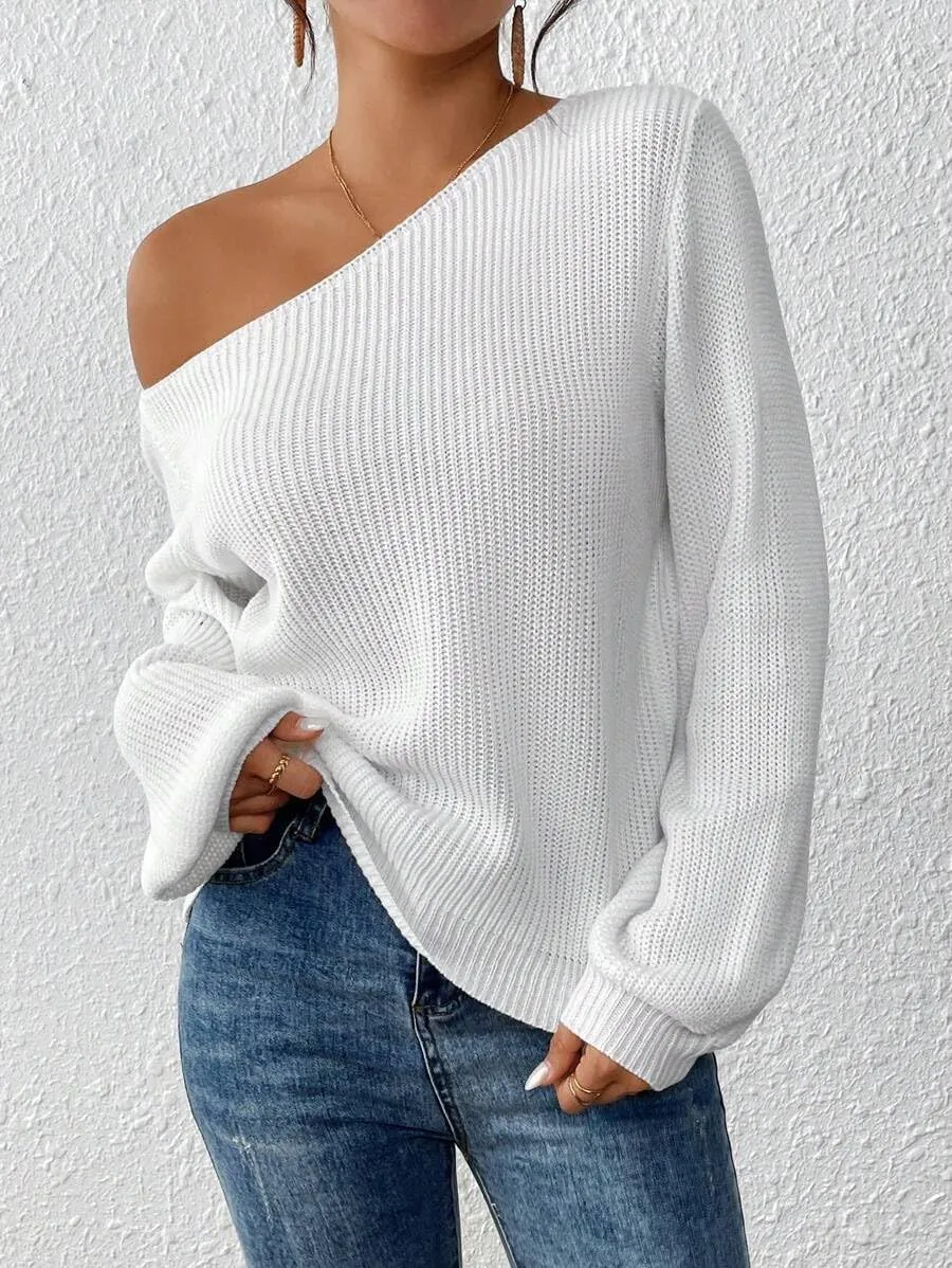 SKAYS Womens Off The Shoulder Sweater Asymmetrical Neck Fall Ribbed Knit Long Sleeve Pullover Sweaters for Women