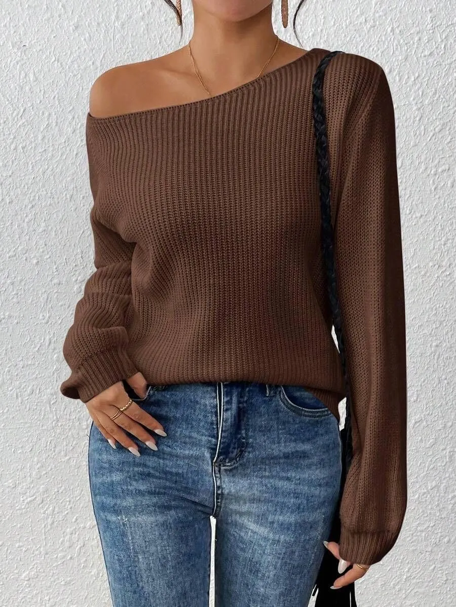 SKAYS Womens Off The Shoulder Sweater Asymmetrical Neck Fall Ribbed Knit Long Sleeve Pullover Sweaters for Women
