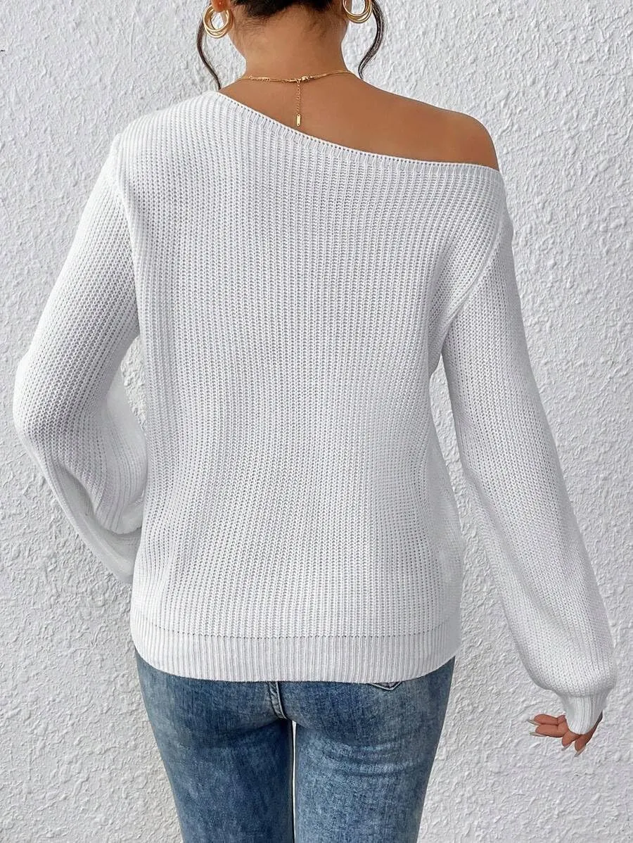 SKAYS Womens Off The Shoulder Sweater Asymmetrical Neck Fall Ribbed Knit Long Sleeve Pullover Sweaters for Women