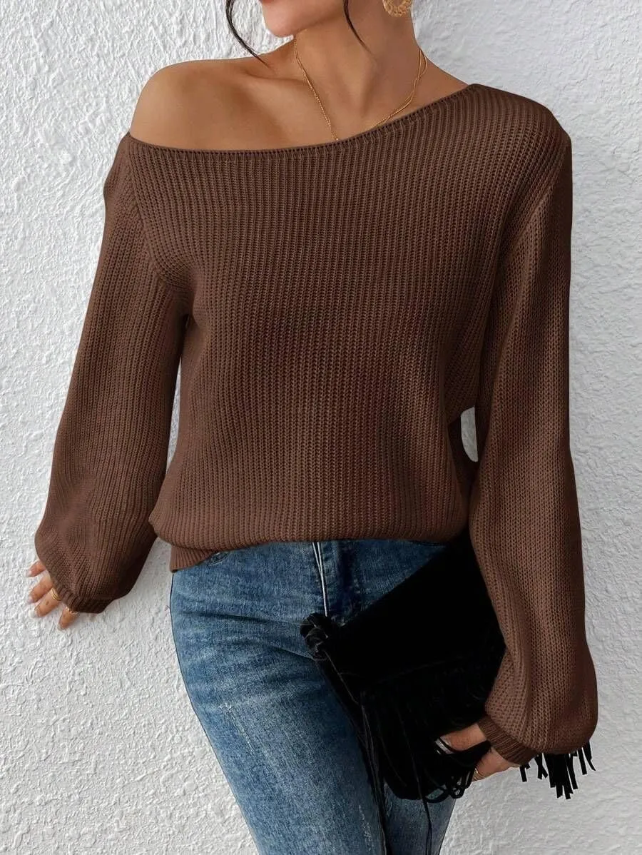 SKAYS Womens Off The Shoulder Sweater Asymmetrical Neck Fall Ribbed Knit Long Sleeve Pullover Sweaters for Women