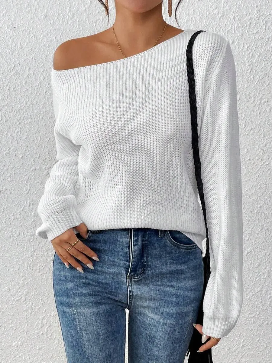 SKAYS Womens Off The Shoulder Sweater Asymmetrical Neck Fall Ribbed Knit Long Sleeve Pullover Sweaters for Women