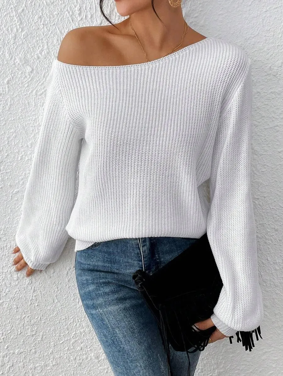 SKAYS Womens Off The Shoulder Sweater Asymmetrical Neck Fall Ribbed Knit Long Sleeve Pullover Sweaters for Women