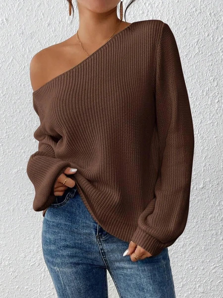 SKAYS Womens Off The Shoulder Sweater Asymmetrical Neck Fall Ribbed Knit Long Sleeve Pullover Sweaters for Women