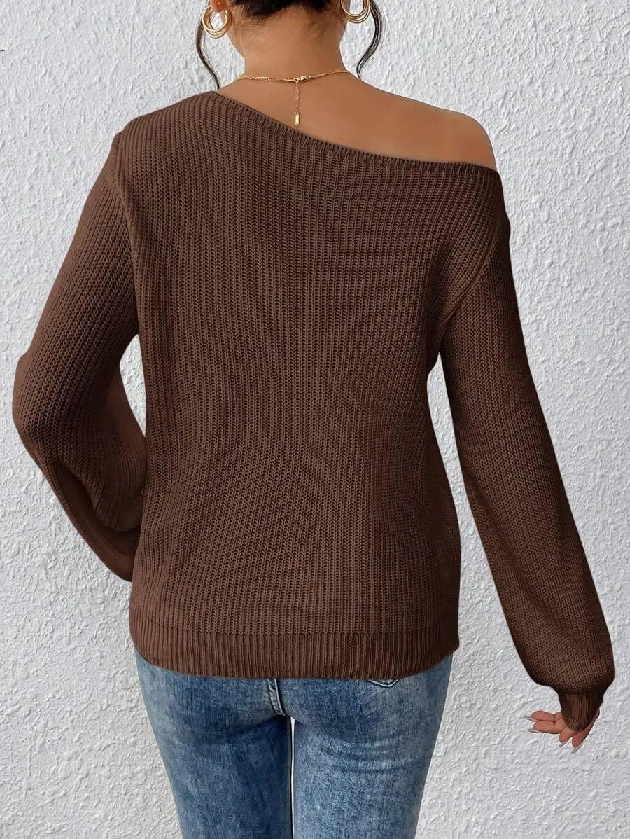 SKAYS Womens Off The Shoulder Sweater Asymmetrical Neck Fall Ribbed Knit Long Sleeve Pullover Sweaters for Women