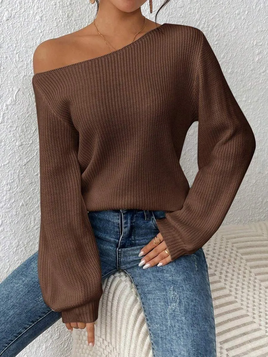 SKAYS Womens Off The Shoulder Sweater Asymmetrical Neck Fall Ribbed Knit Long Sleeve Pullover Sweaters for Women