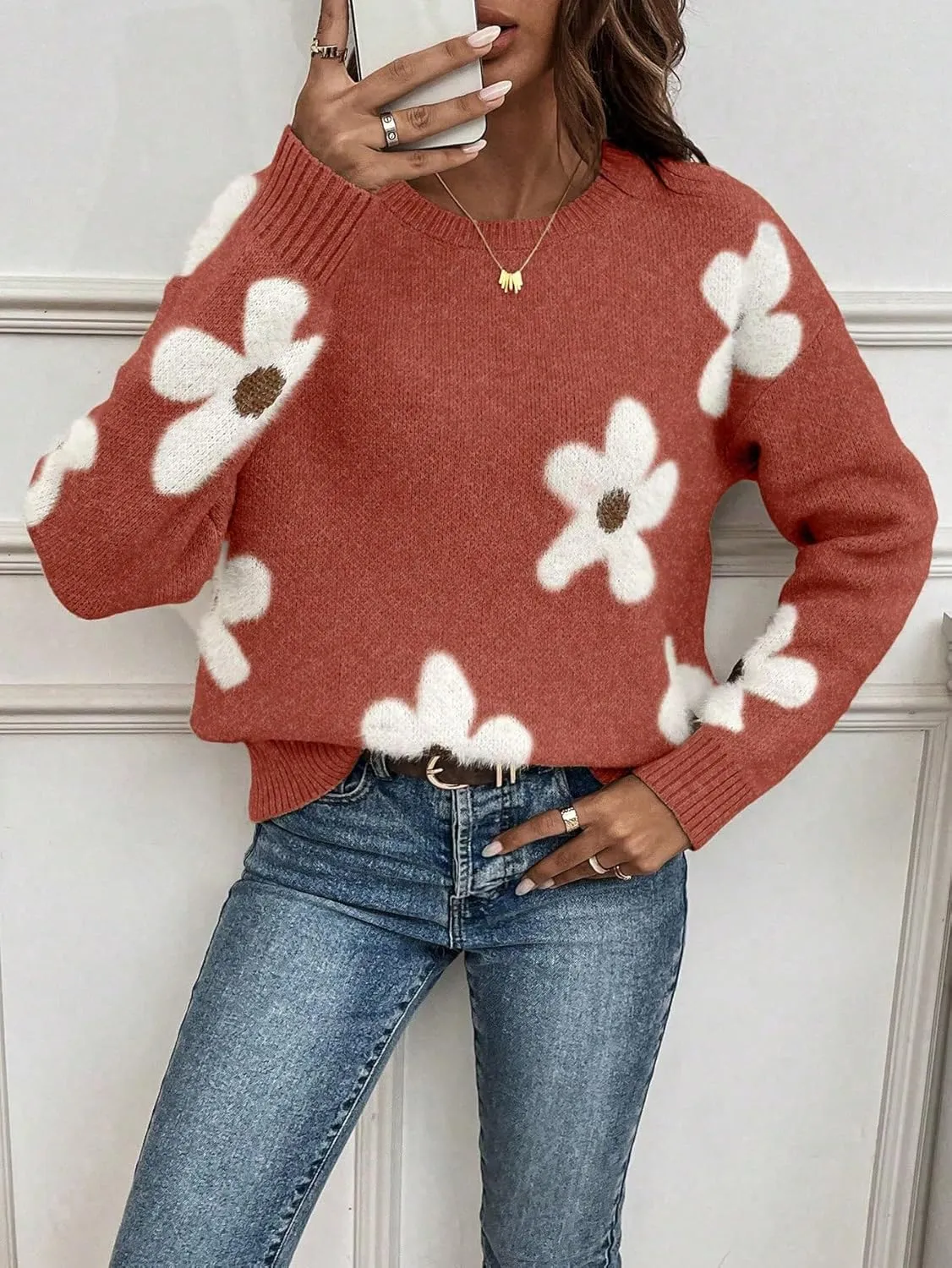 SOLY HUX Women's Floral Sweaters 2024 Fall Winter Crew Neck Pullover Tops Long Sleeve Casual Loose Sweater Knit