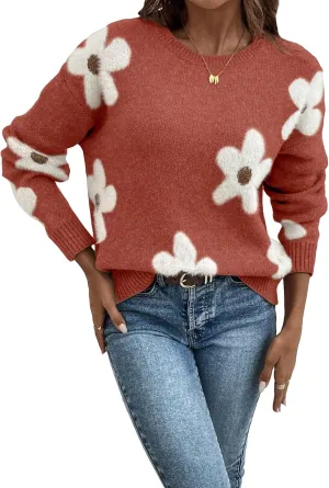 SOLY HUX Women's Floral Sweaters 2024 Fall Winter Crew Neck Pullover Tops Long Sleeve Casual Loose Sweater Knit