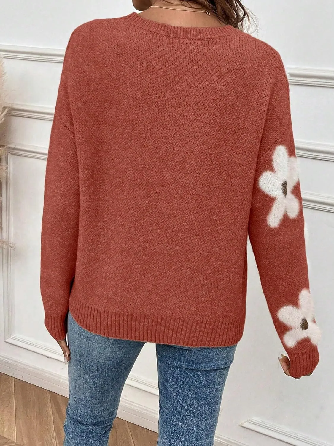 SOLY HUX Women's Floral Sweaters 2024 Fall Winter Crew Neck Pullover Tops Long Sleeve Casual Loose Sweater Knit