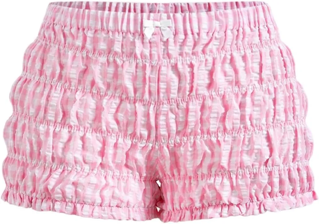 SOLY HUX Women's Ruffle Shorts Plaid Y2k Lace Bloomers Elastic Waist Frill Bottoms Gingham Micro Boyshorts
