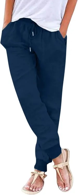 Straight Leg Cotton Linen Pants Women Lightweight Fashion Summer Casual Pants with Pockets Drawstring Loose Trousers