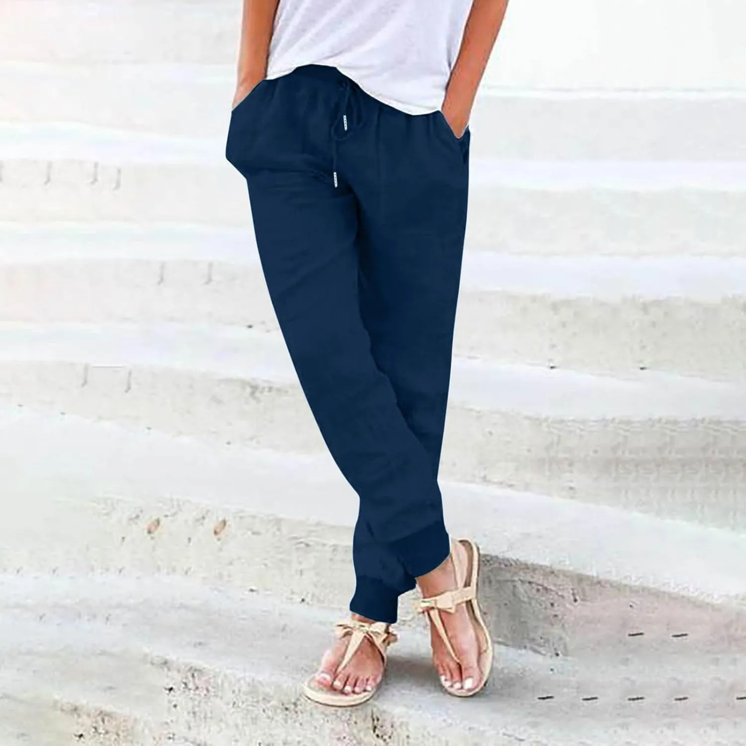 Straight Leg Cotton Linen Pants Women Lightweight Fashion Summer Casual Pants with Pockets Drawstring Loose Trousers