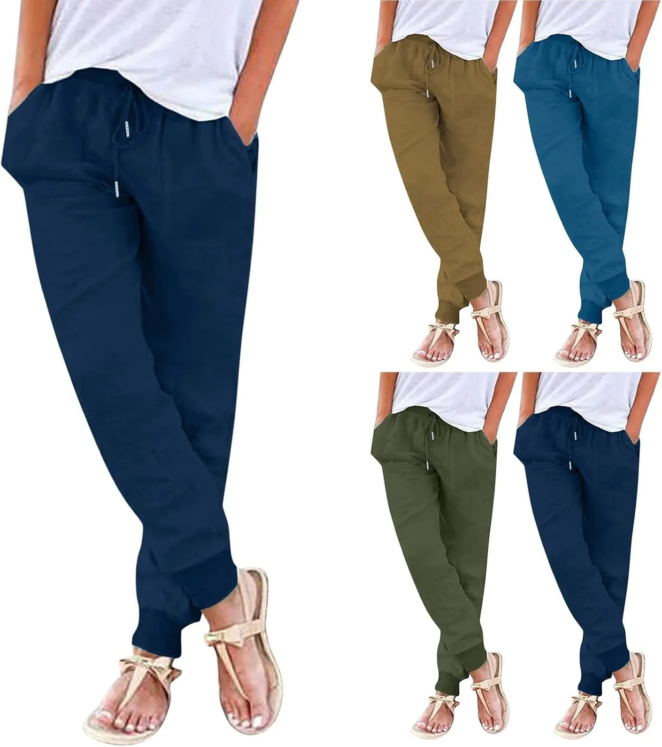 Straight Leg Cotton Linen Pants Women Lightweight Fashion Summer Casual Pants with Pockets Drawstring Loose Trousers