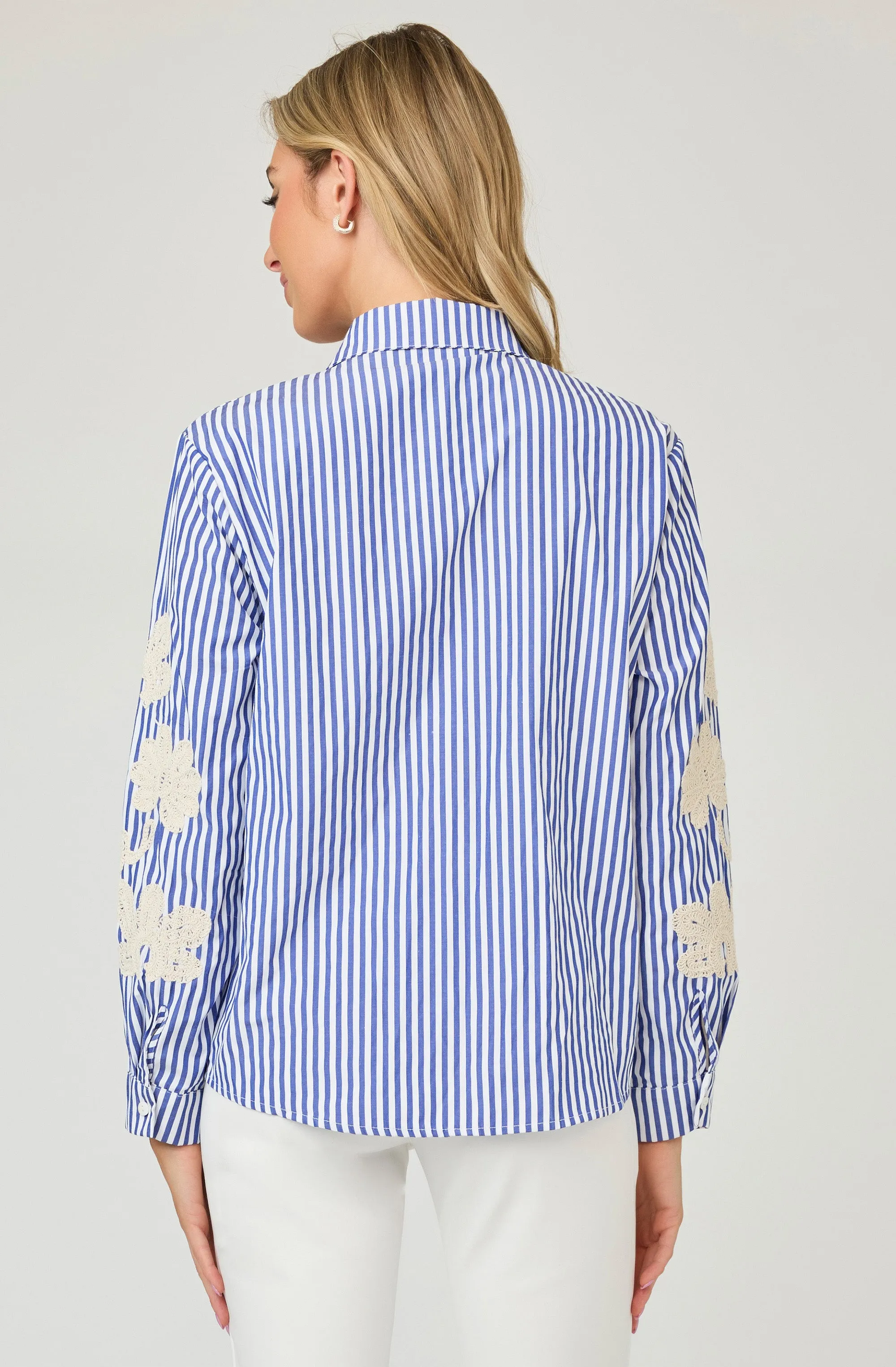 Striped Button-up Blouse with Embroidered Flower
