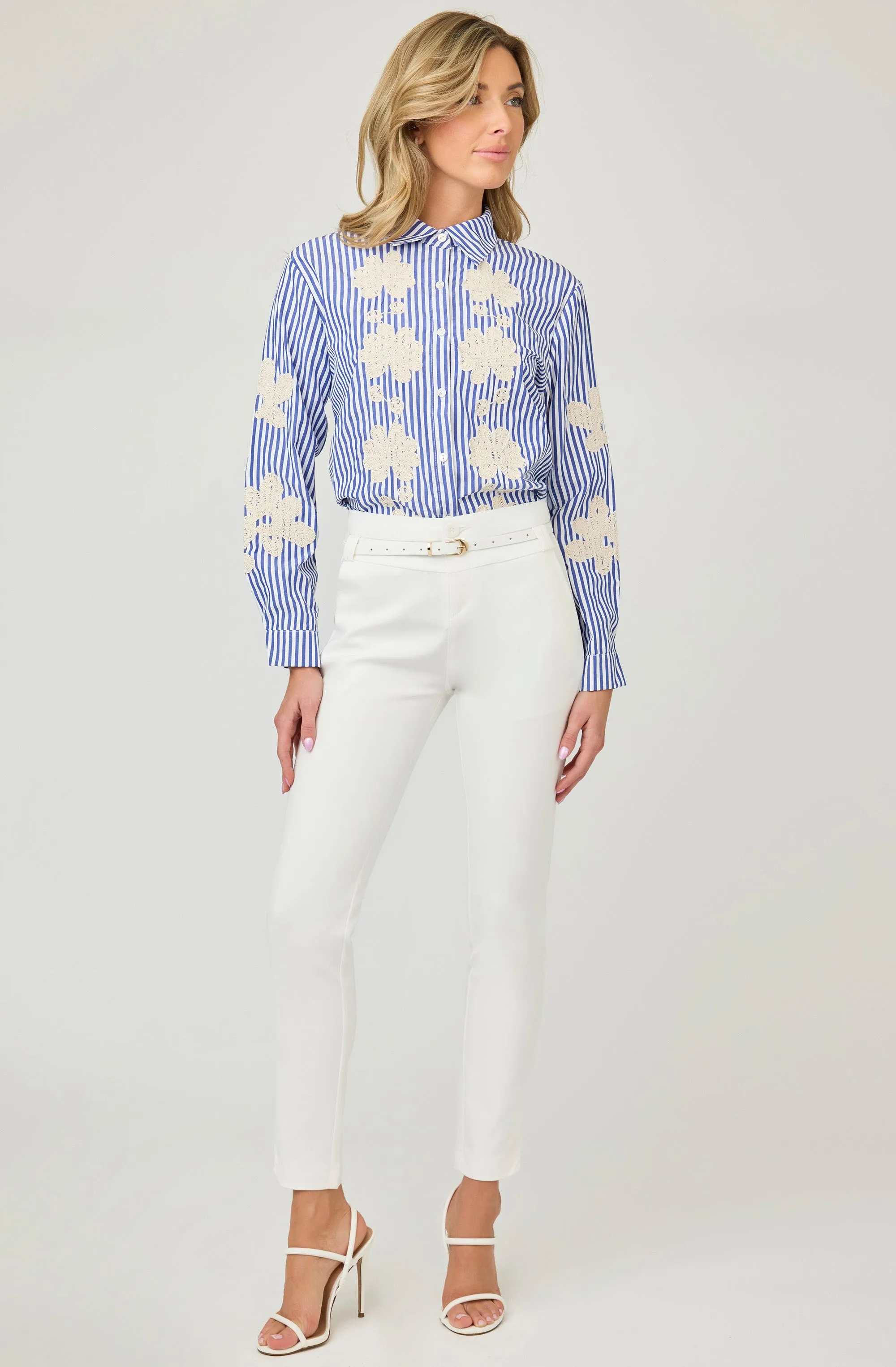 Striped Button-up Blouse with Embroidered Flower