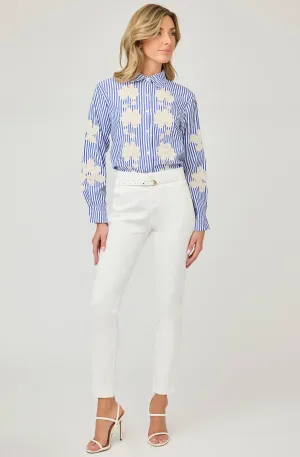 Striped Button-up Blouse with Embroidered Flower