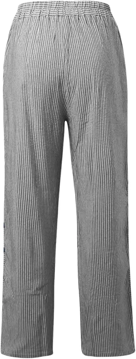 Striped Linen Pants for Women Wide Straight Leg Side Button Pants Womens 2025 Baggy Elastic Waist Pants