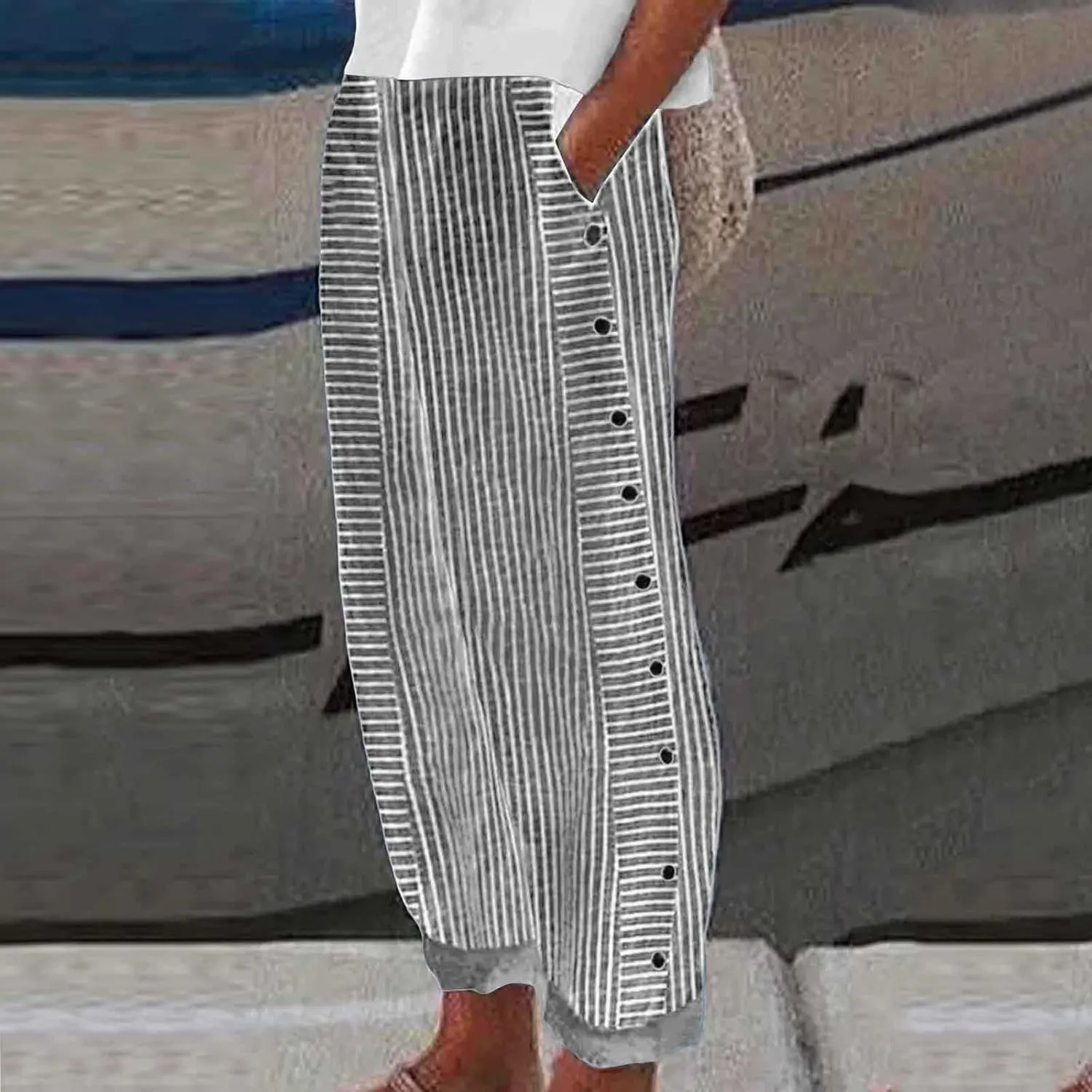 Striped Linen Pants for Women Wide Straight Leg Side Button Pants Womens 2025 Baggy Elastic Waist Pants