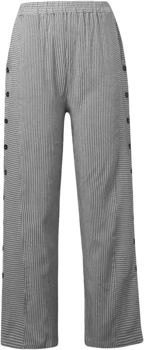 Striped Linen Pants for Women Wide Straight Leg Side Button Pants Womens 2025 Baggy Elastic Waist Pants