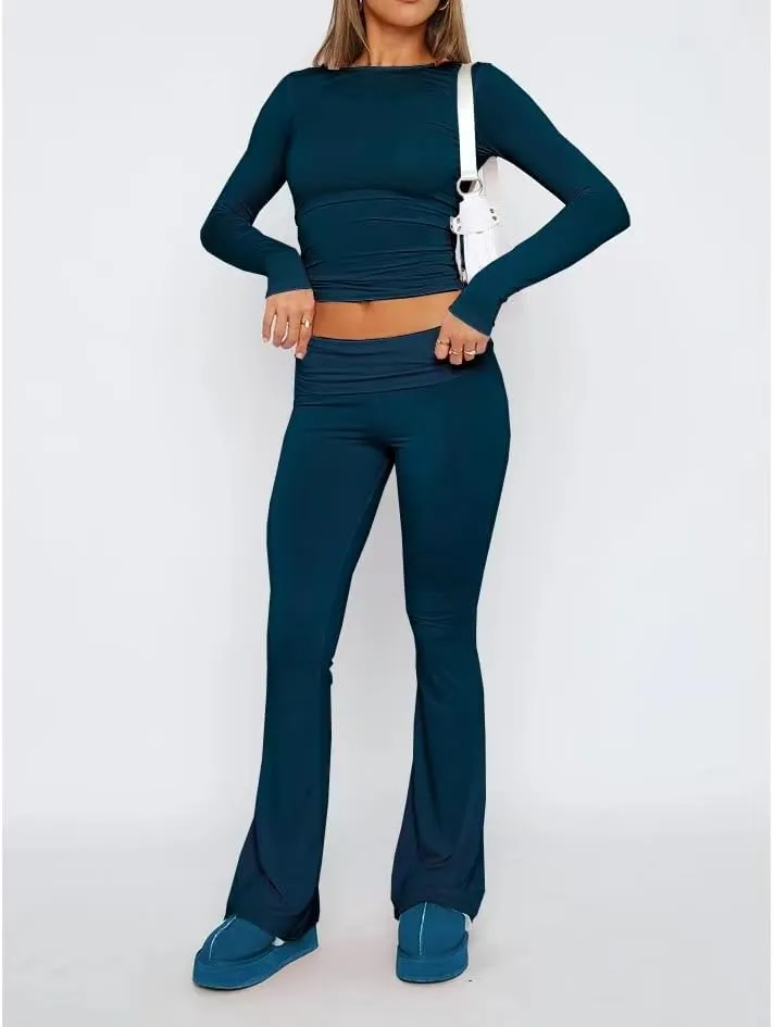 Sumleno Women Y2k Skinny Pants Flare Leggings Low Rise Fold Over Waist Bootcut Stretchy Yoga Sweatpants Lounge Streetwear