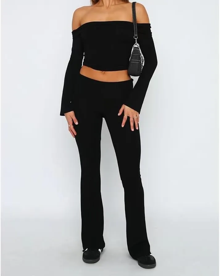 Sumleno Women Y2k Skinny Pants Flare Leggings Low Rise Fold Over Waist Bootcut Stretchy Yoga Sweatpants Lounge Streetwear