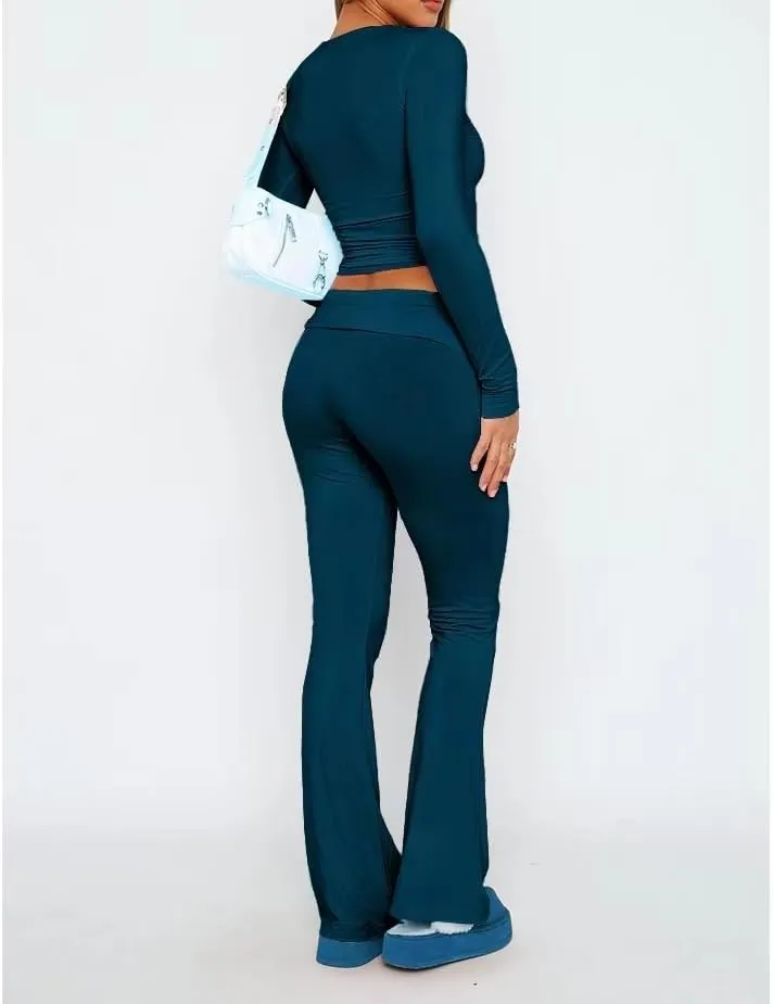 Sumleno Women Y2k Skinny Pants Flare Leggings Low Rise Fold Over Waist Bootcut Stretchy Yoga Sweatpants Lounge Streetwear