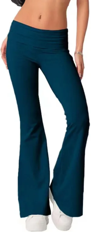 Sumleno Women Y2k Skinny Pants Flare Leggings Low Rise Fold Over Waist Bootcut Stretchy Yoga Sweatpants Lounge Streetwear