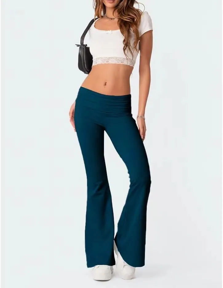 Sumleno Women Y2k Skinny Pants Flare Leggings Low Rise Fold Over Waist Bootcut Stretchy Yoga Sweatpants Lounge Streetwear