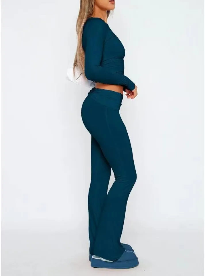 Sumleno Women Y2k Skinny Pants Flare Leggings Low Rise Fold Over Waist Bootcut Stretchy Yoga Sweatpants Lounge Streetwear