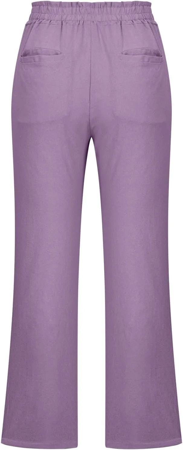 Summer High Waisted Trousers for Women Casual Cotton Linen Palazzo Pants Wide Leg Long Lounge Trousers with Pockets