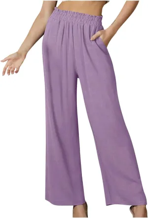 Summer High Waisted Trousers for Women Casual Cotton Linen Palazzo Pants Wide Leg Long Lounge Trousers with Pockets