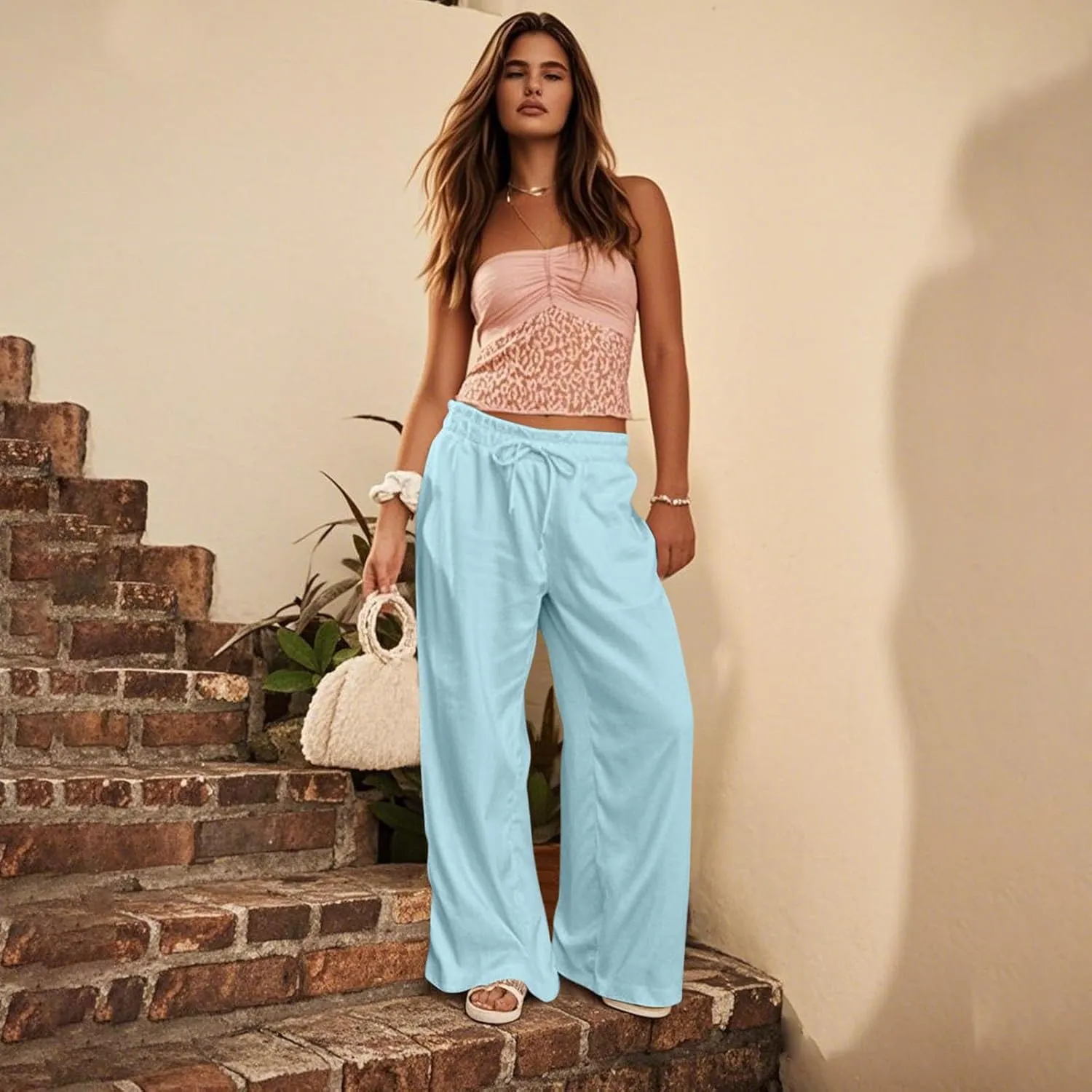 Summer Pants for Women 2025 Petite Drawstring High Waisted Linen Pants Lightweight Straight Leg Baggy Beach Trousers