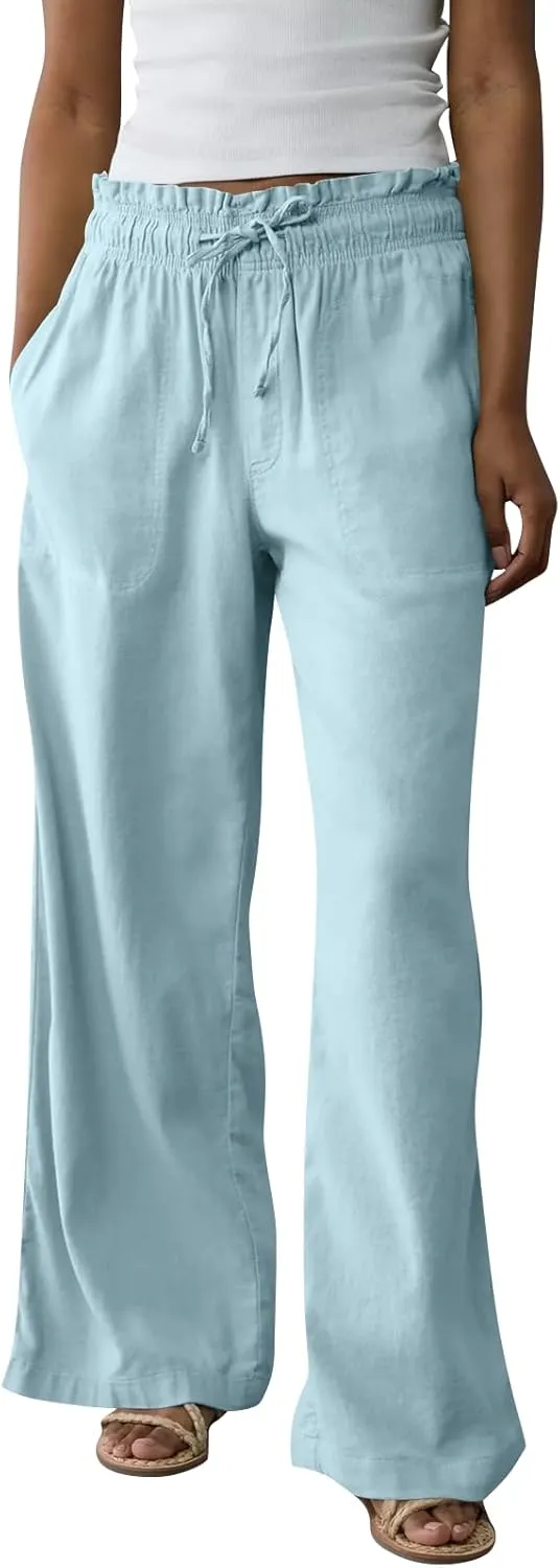 Summer Pants for Women 2025 Petite Drawstring High Waisted Linen Pants Lightweight Straight Leg Baggy Beach Trousers