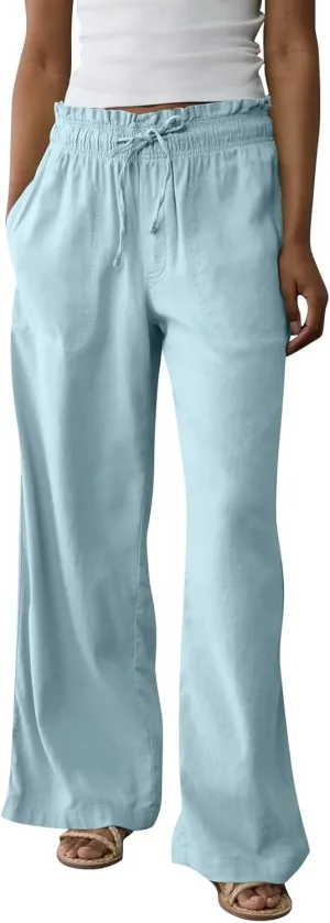 Summer Pants for Women 2025 Petite Drawstring High Waisted Linen Pants Lightweight Straight Leg Baggy Beach Trousers