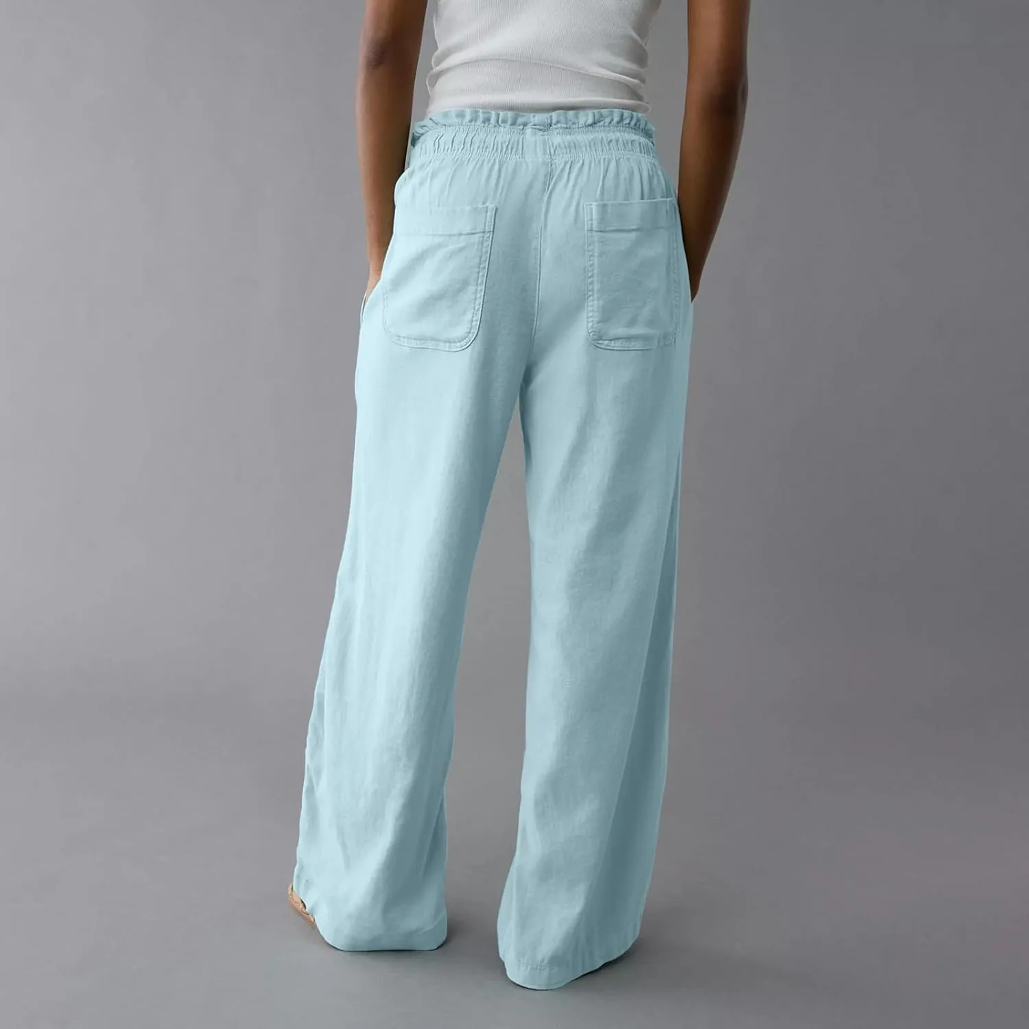 Summer Pants for Women 2025 Petite Drawstring High Waisted Linen Pants Lightweight Straight Leg Baggy Beach Trousers