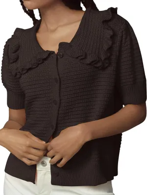 Summer Ruffle Collar Cardigan Sweater for Women Cute Short Sleeve Sweater Tops Button Open Front Cardigans