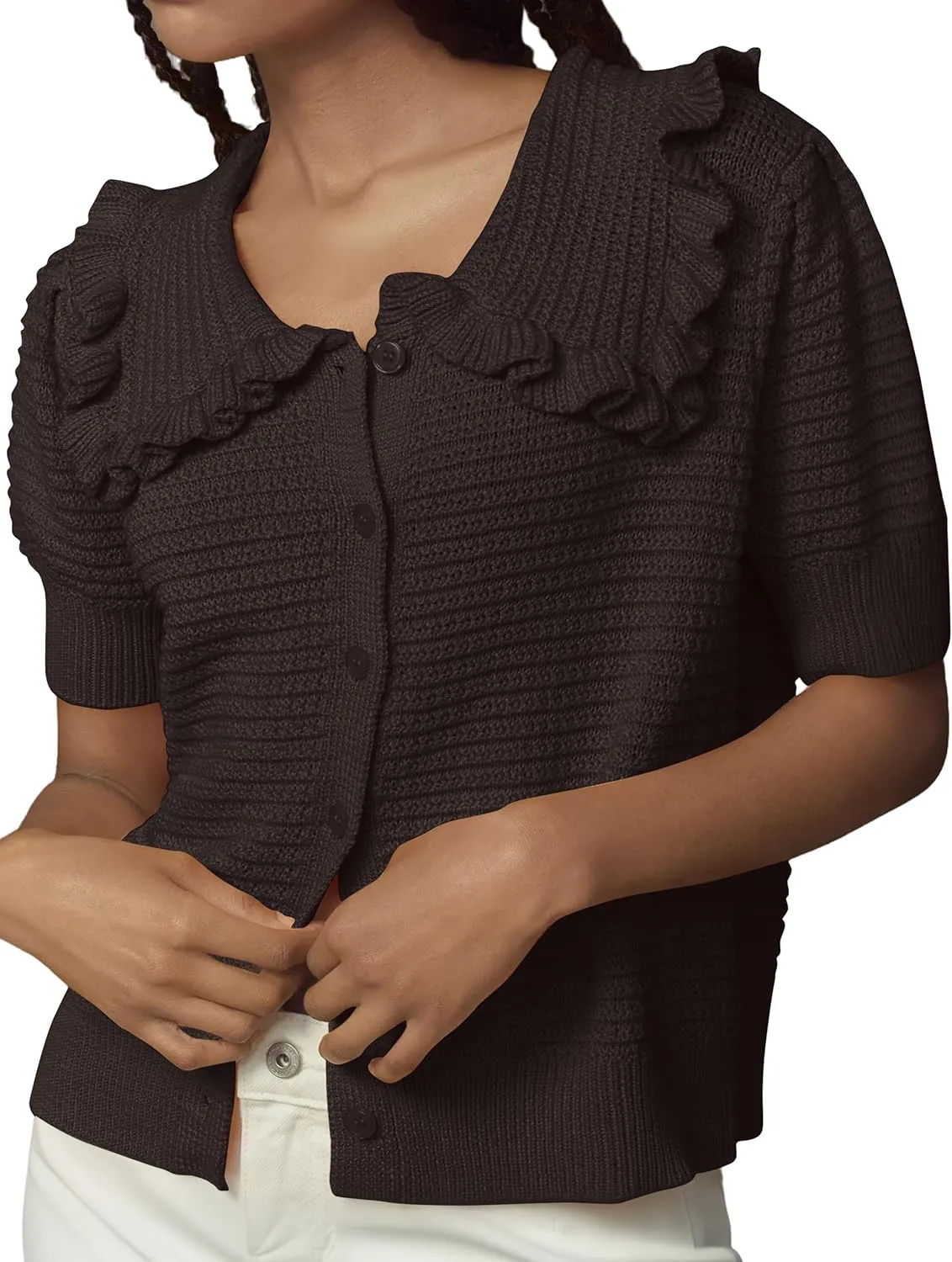 Summer Ruffle Collar Cardigan Sweater for Women Cute Short Sleeve Sweater Tops Button Open Front Cardigans