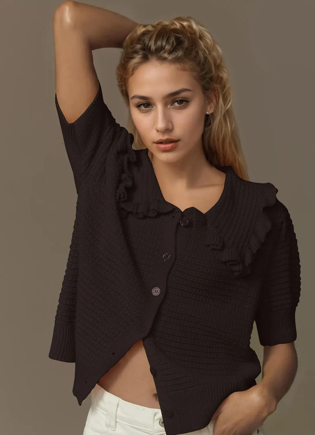 Summer Ruffle Collar Cardigan Sweater for Women Cute Short Sleeve Sweater Tops Button Open Front Cardigans