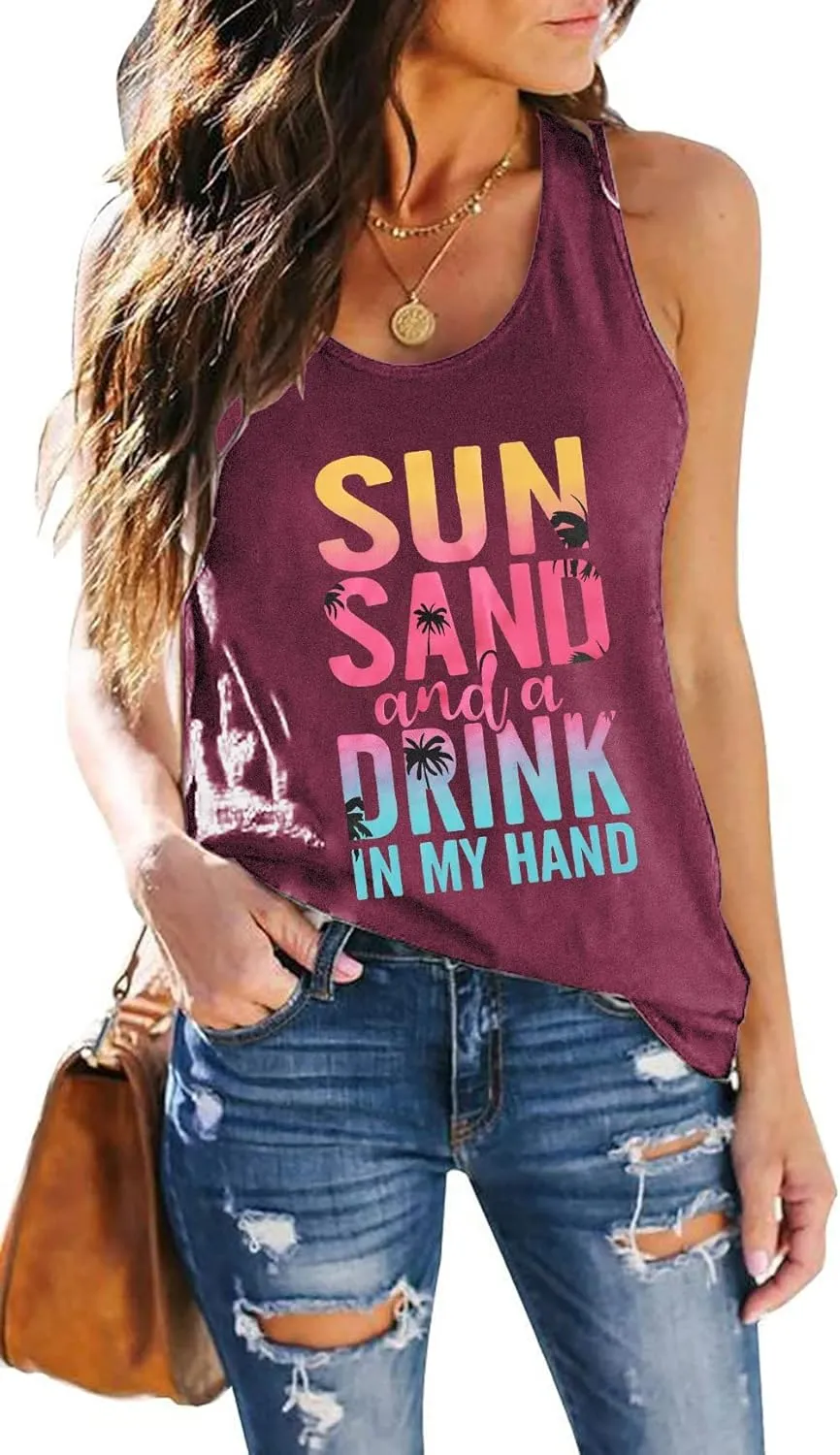 Sun Sand and A Drink in My Hand Tank Tops Beach Letter Graphic Hawaiian Vest Casual Summer Vacation Holiday Cami Shirt