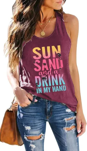 Sun Sand and A Drink in My Hand Tank Tops Beach Letter Graphic Hawaiian Vest Casual Summer Vacation Holiday Cami Shirt