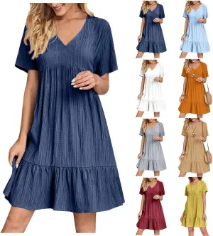 Sundresses for Women 2025 Casual Loose Fit Prom Bohemian Short Dress Plus Size Solid Color Swing V Neck Tiered Flowy Dress