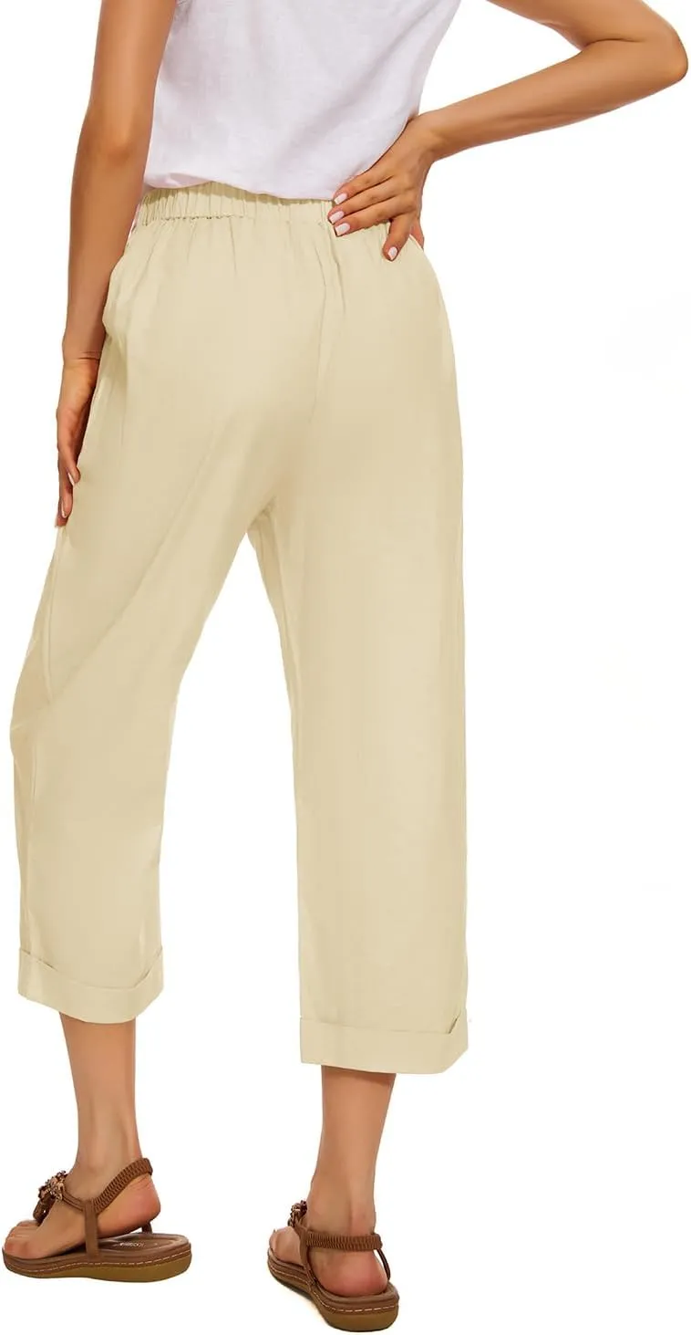 SVALIY Summer Cotton Linen Cropped Wide Leg Pants Capris Women Ladies Casual Loose Palazzo Pant Work Elastic Pocket