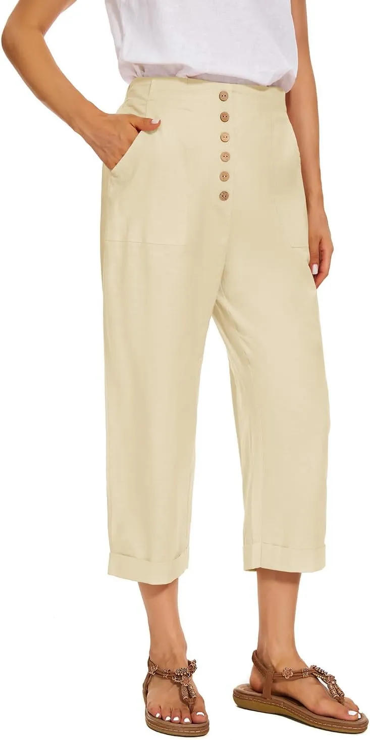 SVALIY Summer Cotton Linen Cropped Wide Leg Pants Capris Women Ladies Casual Loose Palazzo Pant Work Elastic Pocket