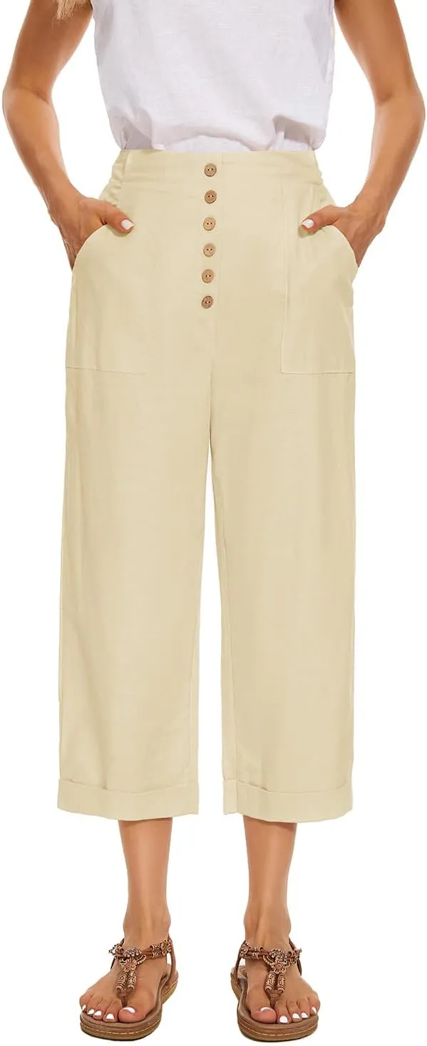 SVALIY Summer Cotton Linen Cropped Wide Leg Pants Capris Women Ladies Casual Loose Palazzo Pant Work Elastic Pocket