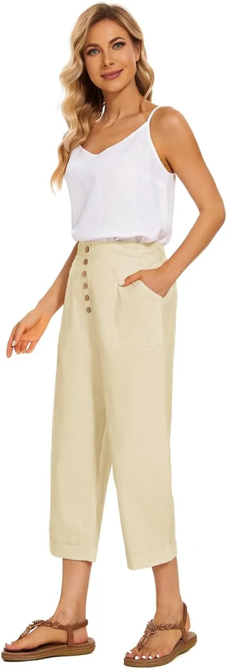 SVALIY Summer Cotton Linen Cropped Wide Leg Pants Capris Women Ladies Casual Loose Palazzo Pant Work Elastic Pocket