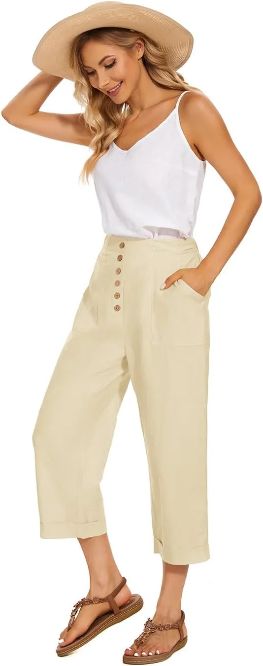SVALIY Summer Cotton Linen Cropped Wide Leg Pants Capris Women Ladies Casual Loose Palazzo Pant Work Elastic Pocket