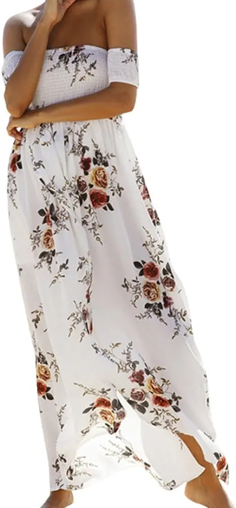 SVALIY Women Floral Off The Shoulder Split Chiffon Maxi Beach Dresses Wedding Party