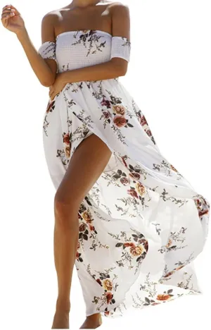 SVALIY Women Floral Off The Shoulder Split Chiffon Maxi Beach Dresses Wedding Party