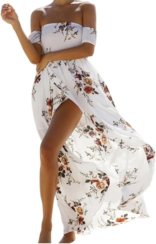 SVALIY Women Floral Off The Shoulder Split Chiffon Maxi Beach Dresses Wedding Party
